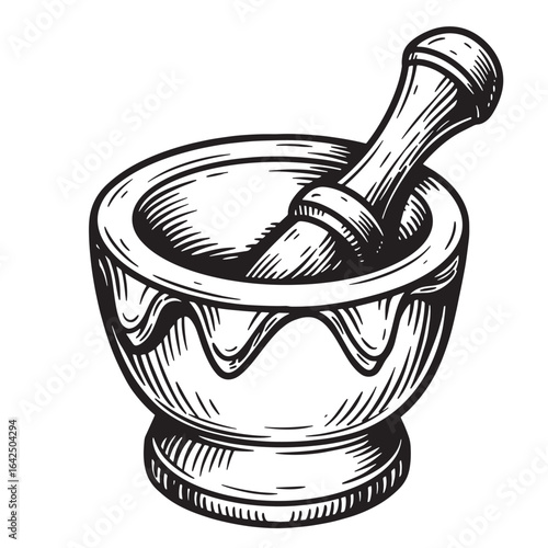 Vector illustration of a hand drawn mortar and pestle for kitchen and apothecary use