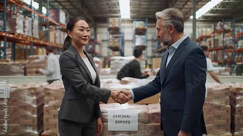 Asian businesswoman and mature businessman shaking hands in warehouse symbolizing successful