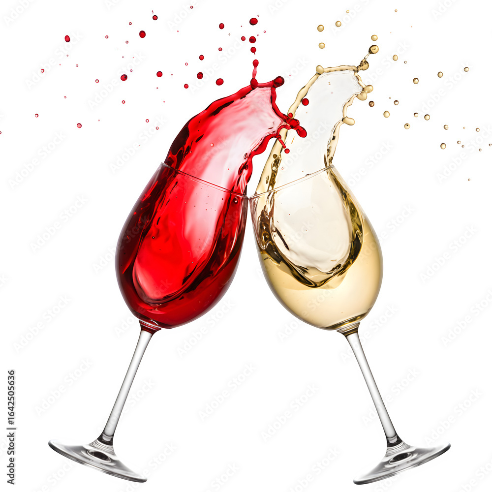 Fototapeta premium Two Wine Glasses Toasting with Red and White Wine Splash, Isolated on White or Transparent Background