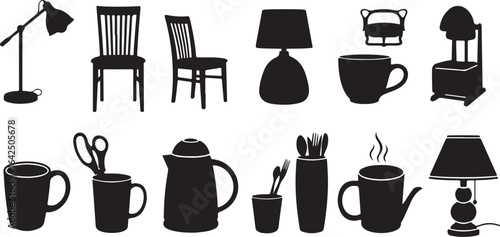 Collection of black silhouette objects including lamps chairs mugs and kitchenware on white background