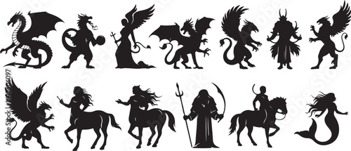 Collection of fantasy creature silhouettes including dragons griffins centaurs and mermaids