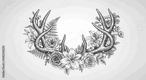 Decorative line art drawing of deer antlers adorned with various flowers and leaves, in a subtle grey background.