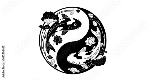 Artistic Yin Yang Symbol with Koi Fish and Lotus Flowers, Harmony Concept, Isolated White Background.