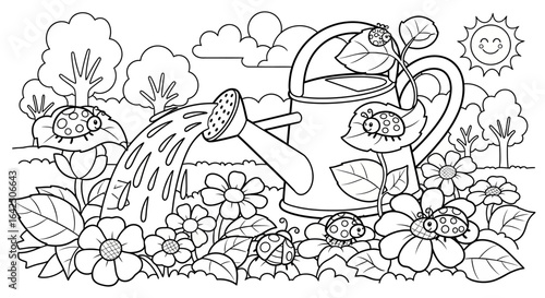 Whimsical Garden Scene with Watering Can and Flowers Line Art