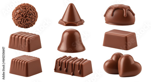 Assortment of delicious milk chocolates, isolated on transparent background