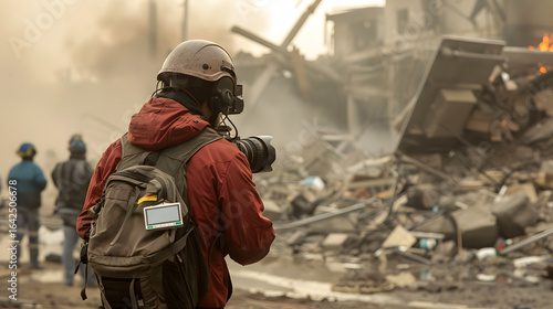 Journalist reporting from disaster site press battlefield
