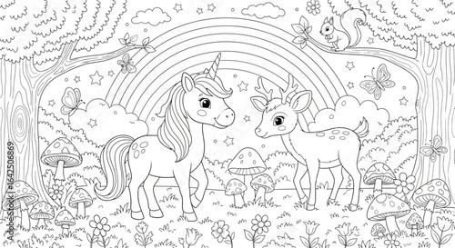 Cute Unicorn and Baby Deer with Rainbow in Enchanted Forest Line Art