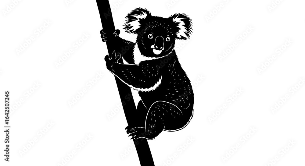 Fototapeta premium Cute Koala Silhouette Clinging to a Tree Branch on Isolated White Background