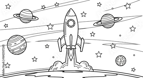 Space Rocket Launching from Earth into Starry Galaxy with Planets Outline Drawing