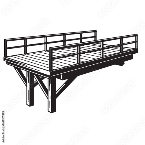 Black and white illustration of a wooden observation deck with railings