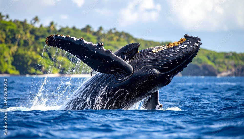 Obraz premium A photo of a mother humpback whale and her calf in the ocean near Tonga. The mother whale is lifting her calf up to the surface for air. The calf is playfully splashing water.