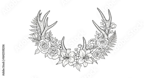 Elegant deer antlers adorned with a floral wreath and botanical elements, isolated white background.