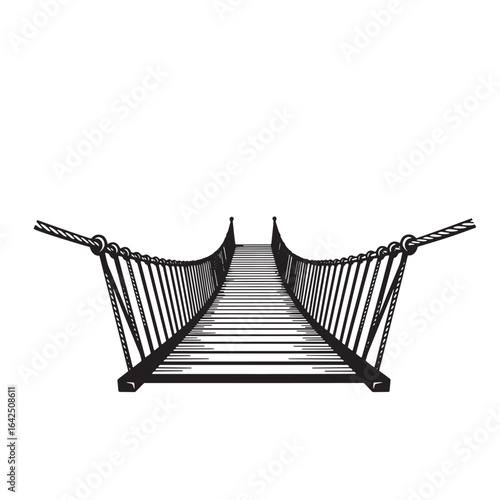 Detailed black and white illustration of a suspension bridge across an imaginary landscape