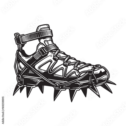 Detailed black and white line art illustration of a mountaineering boot with spikes
