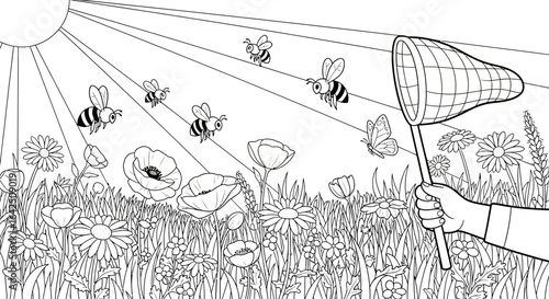 Coloring page of bees and butterfly in a sunny flower meadow with a net