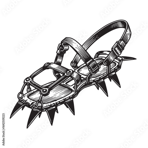 Detailed hand drawn illustration of a vintage crampon for ice climbing and mountaineering