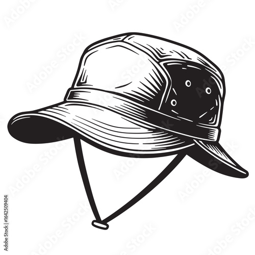 Detailed monochrome illustration of a classic safari or sun protection style hat