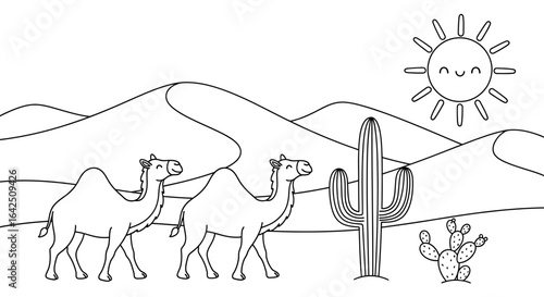 Detailed coloring page of a peaceful desert landscape with walking camels, cacti, and a happy sun on an isolated white background.