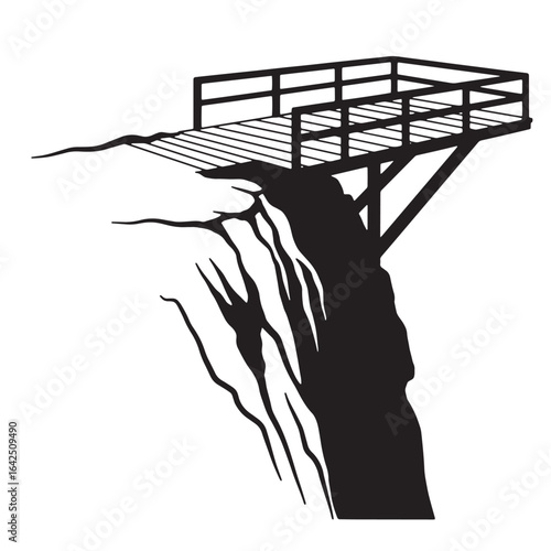 Dramatic observation deck overlooking a cliff edge monochrome illustration