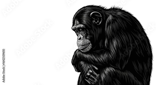 Detailed chimpanzee portrait with a pensive expression, an intelligent primate illustration in black and white.