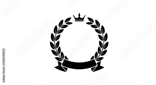 A classic black vector laurel wreath with a crown and blank ribbon, symbolizing achievement, quality, or a prestigious award, isolated on a clean white background.