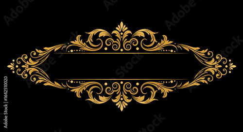 An elegant golden ornate frame with intricate baroque scrollwork is isolated on a black background, providing perfect copy space for luxury design projects.