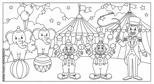 Cheerful Circus Scene with Elephants Performing and Happy Clowns Under a Big Top Tent, Outline Coloring Page