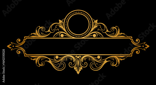 Elegant vintage golden ornate divider with decorative swirls and a central banner, perfect for invitations and formal designs.