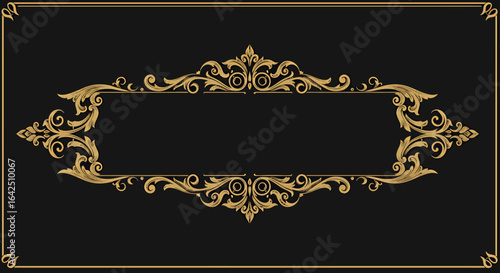 An elegant golden ornate frame with intricate baroque scrollwork and flourishes, perfect for vintage luxury design elements on a dark background.