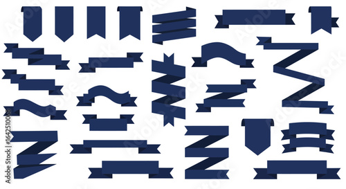 A comprehensive collection of dark blue flat design vector ribbons and banners, ideal for modern graphic design projects requiring decorative elements.