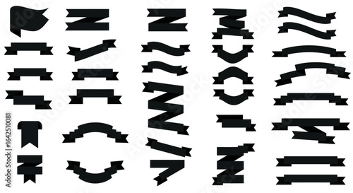 Collection of diverse black ribbon banners and scrolls in various shapes and styles, perfect for graphic design and text decoration.