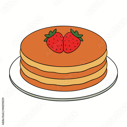 Fluffy pancakes stacked high, topped with sweet, juicy strawberries and drizzled with syrup, creating a delightful breakfast treat bursting with fruity flavor.
