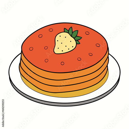 Fluffy pancakes stacked high, topped with sweet, juicy strawberries and drizzled with syrup, creating a delightful breakfast treat bursting with fruity flavor.

