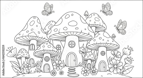 Whimsical Mushroom Houses in a Fantasy Village with Butterflies and Flowers, Outline Coloring Page