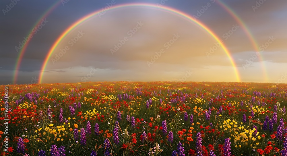 Naklejka premium Floral Meadow Under a Double Rainbow, Hopeful Horizon