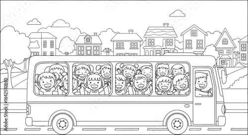 Happy Children Riding School Bus Through City Street, Back to School Concept