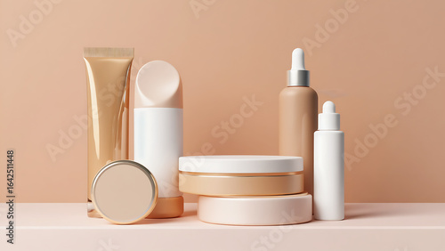 Natural Skincare Packaging Set with Pump Bottles on Minimal Beige Scene