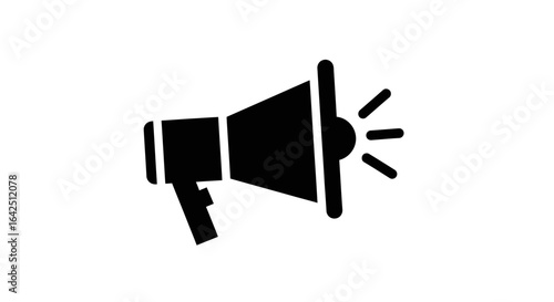 Black megaphone icon with sound waves broadcasting message, isolated white background.