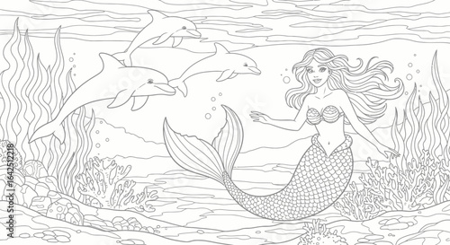 Beautiful mermaid swimming gracefully with two friendly dolphins underwater, fantasy ocean scene, black and white outline.