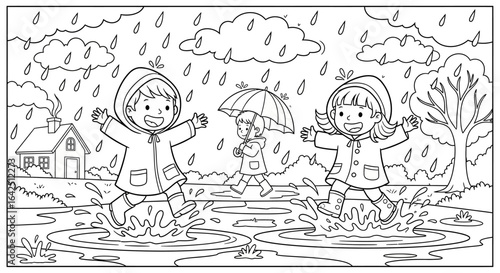 Happy kids playing and splashing in puddles on a rainy day, joyful childhood outdoors, black and white outline.