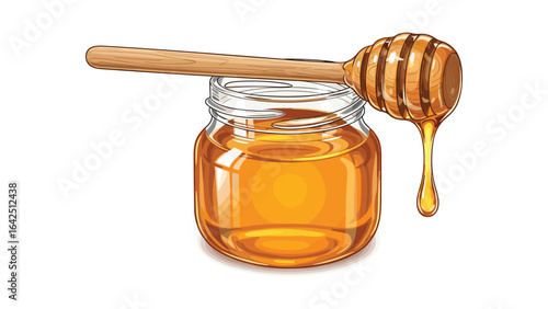 Honey jar with dipper illustration, organic sweetener dripping graphic design for food related