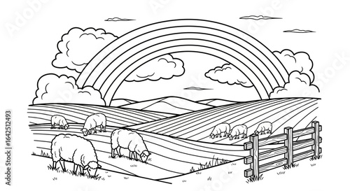 Idyllic Farm Landscape with Grazing Sheep, Wooden Fence, Hills, and a Rainbow in the Sky, Coloring Page