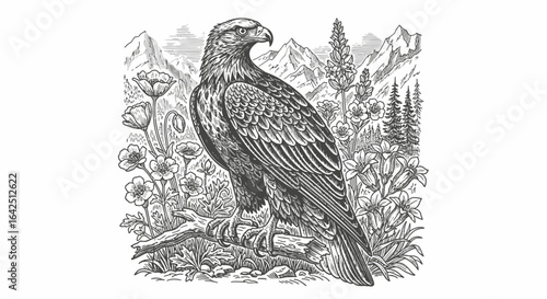 Majestic Eagle Standing in a Wild Mountain Landscape with Forest and Flowers, Coloring Page