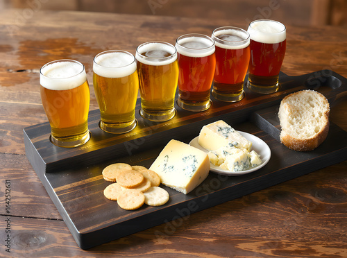 Beer Tasting Flight with a Delicious Cheese and Cracker Board