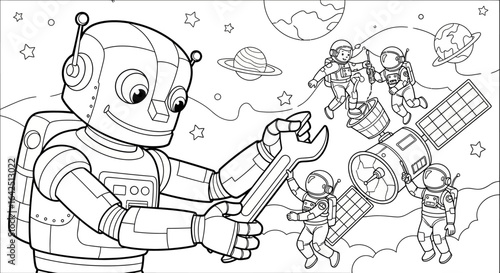 Friendly Robot and Astronauts Exploring Space and Fixing a Spaceship for Coloring Book