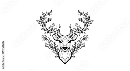 Majestic Deer Head with Antlers and Floral Wreath Decoration on an Isolated White Background