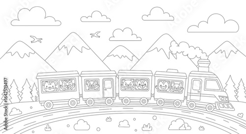 Cute Cartoon Train with Happy Animals Traveling Through Mountains Coloring Page