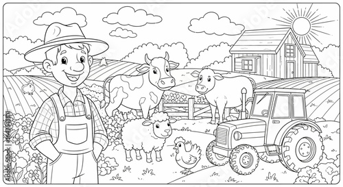 Happy Farmer and Farm Animals on a Peaceful Countryside Farm Landscape, Outline for Coloring