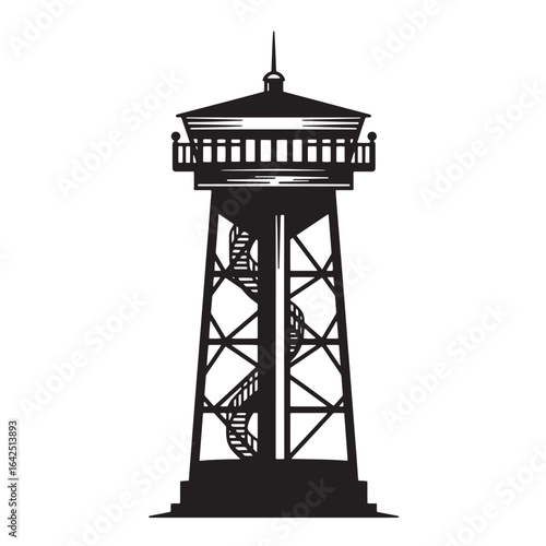 Silhouette illustration of a tall observation tower with spiral staircases and architectural details