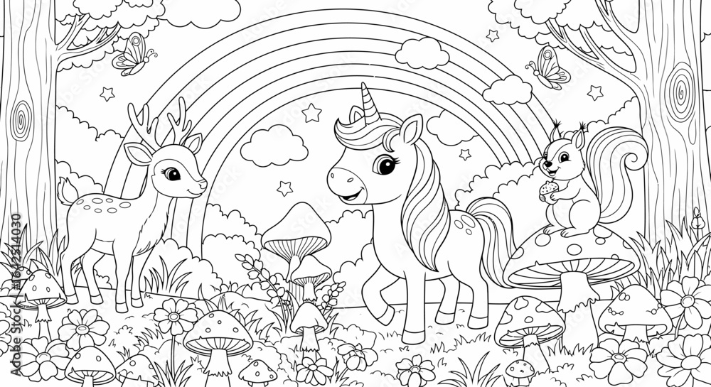 Fototapeta premium Magical Forest Landscape with Happy Unicorn, Deer, and Squirrel under a Rainbow, Outline for Coloring